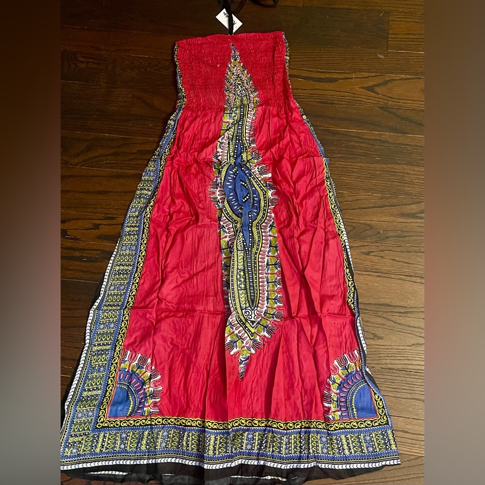 New boho African dashiki inspired print pink halter/ sleeveless dress (one Size)